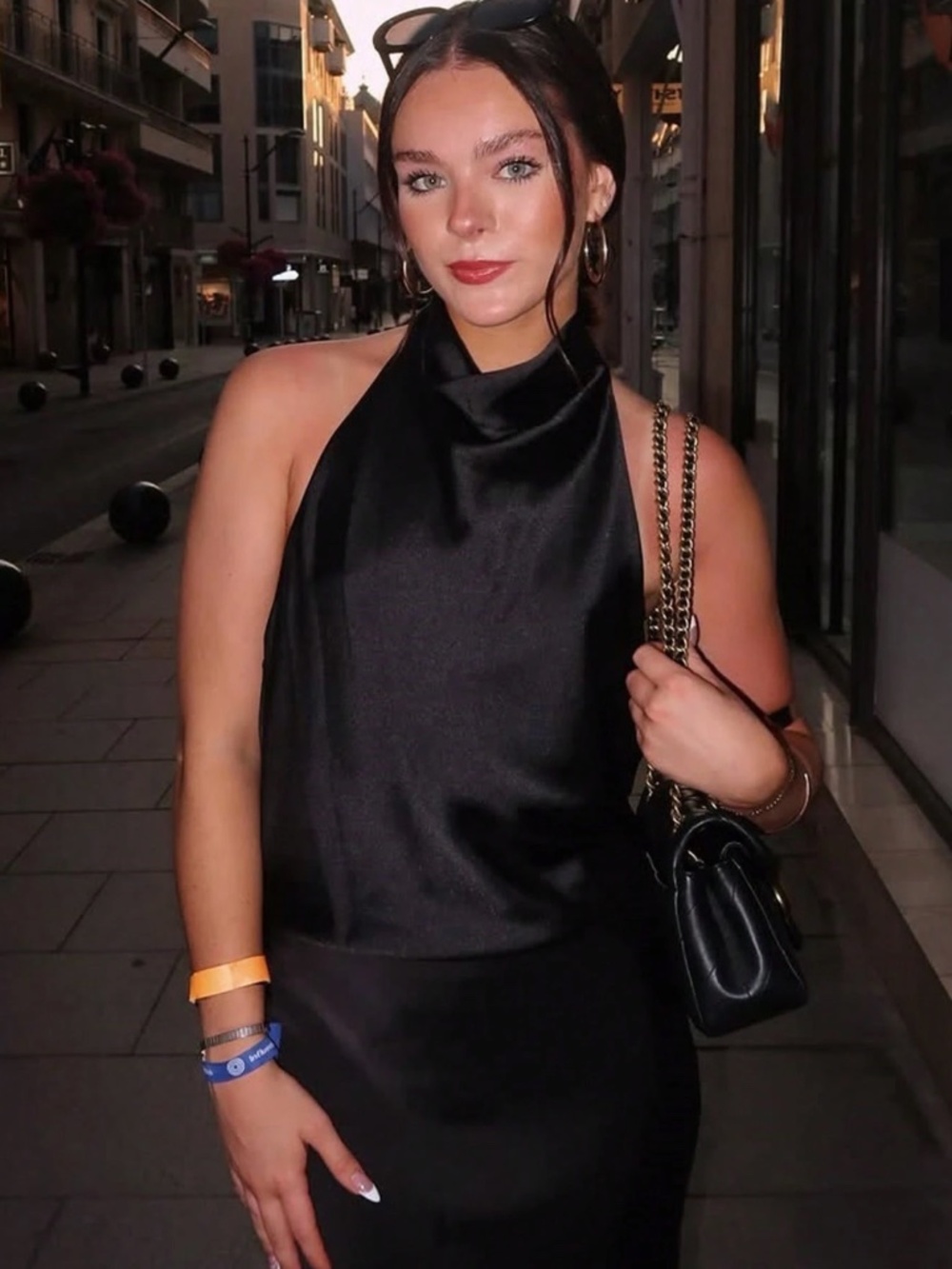 Black Satin Cowl Halter Draped Neck Low Back Blouse Top